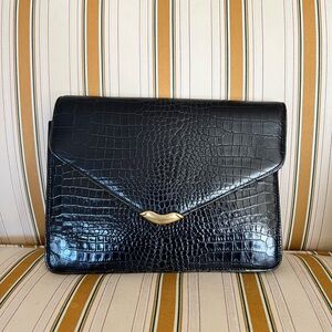 Black Croc-Embossed Envelope Clutch with Gold Accent